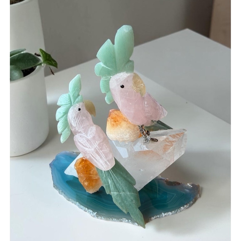 Brazilian Rose Quartz Cockatoo Pair Gemstone Bird Agate Crystal Sculpture Carved